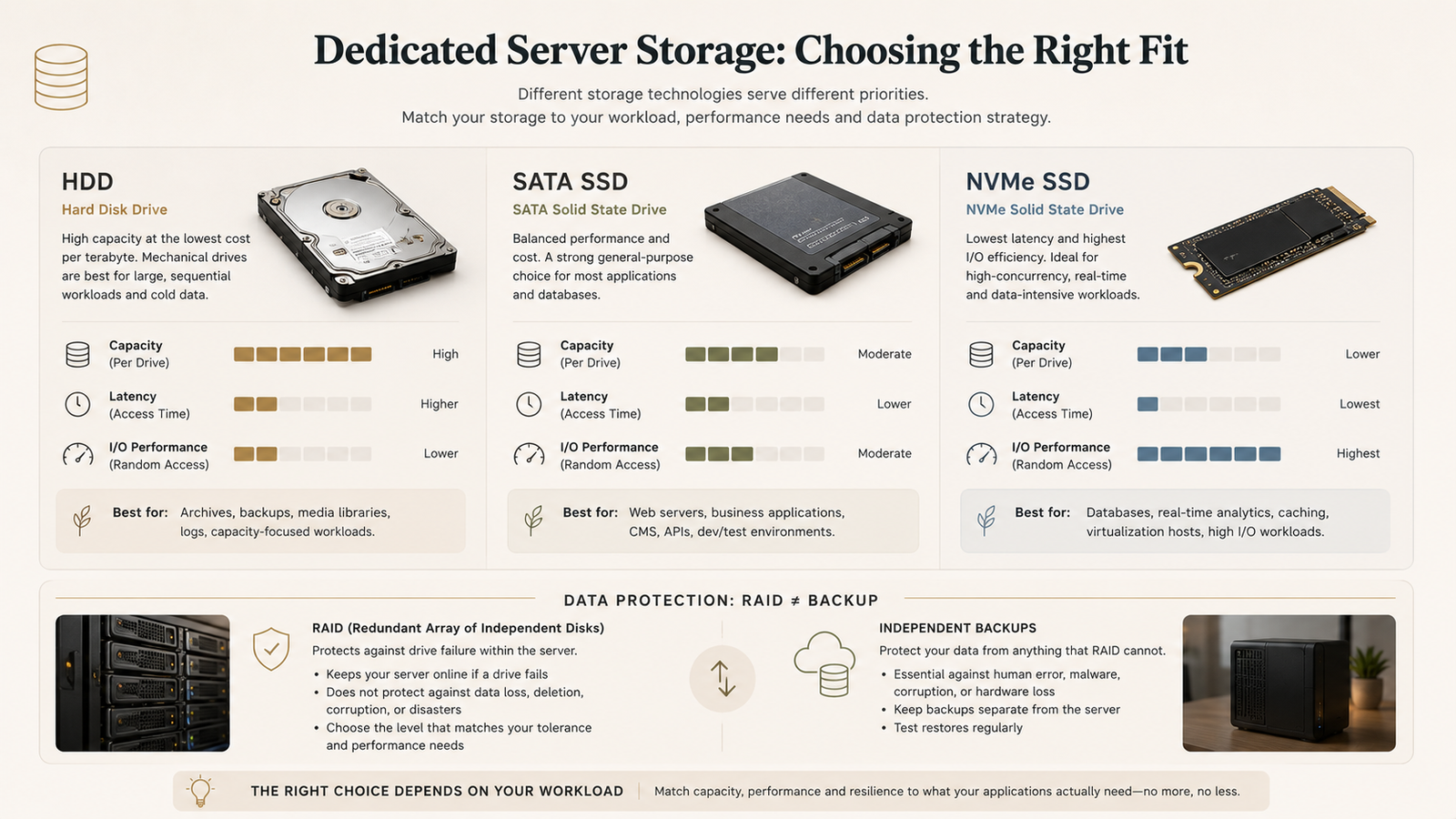 HDD SATA SSD and NVMe storage comparison