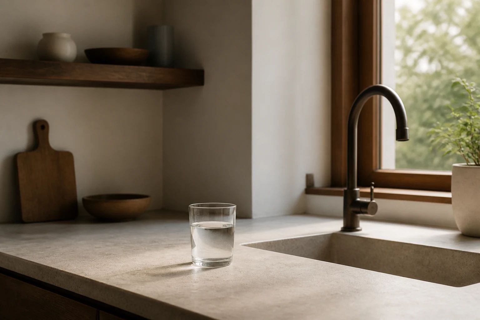 A glass of water on a stone kitchen counter beside a sink in warm natural light.
