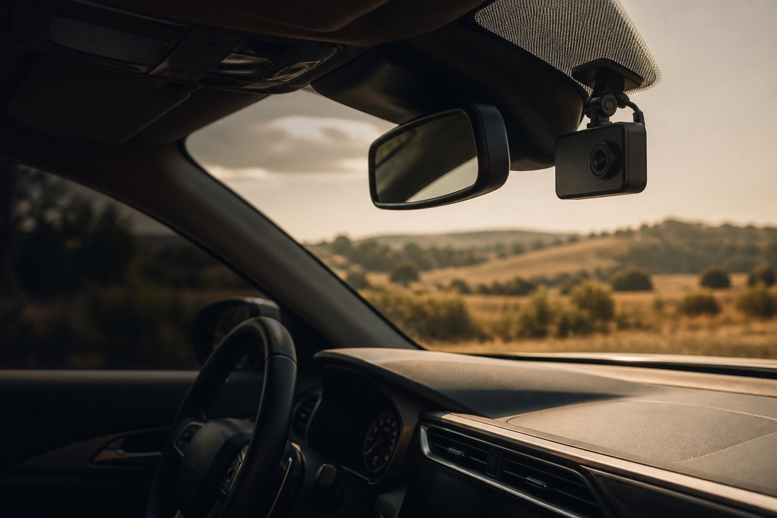 AI illustration of a discreet dash camera inside a parked car