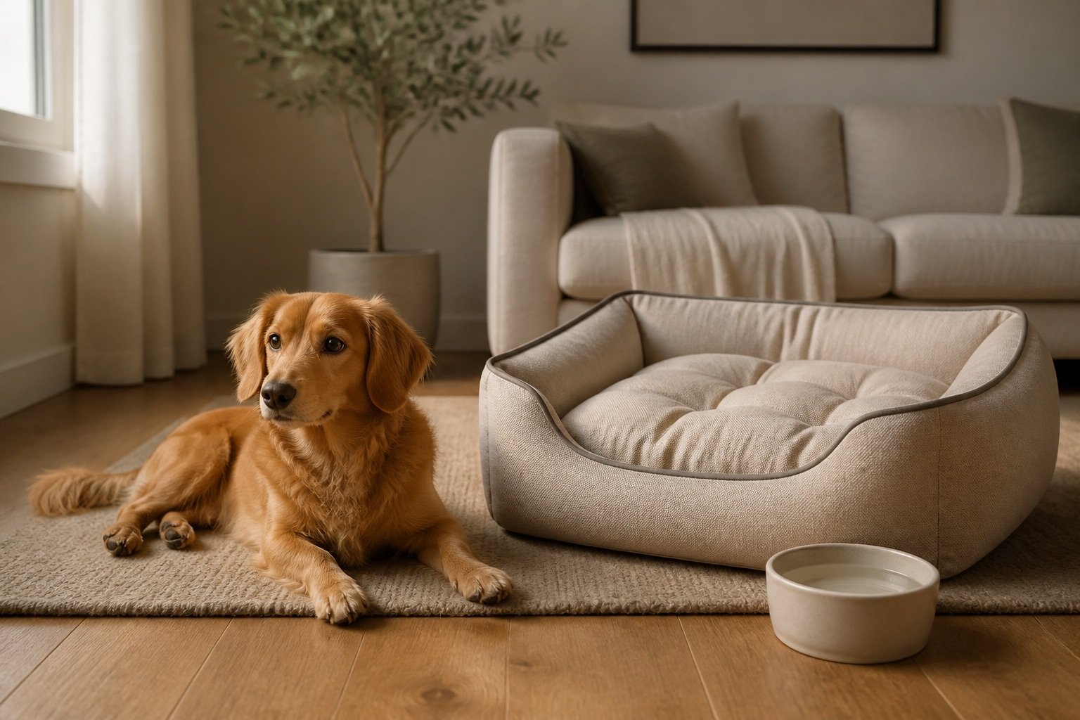 AI illustration of a dog relaxing beside a neutral pet bed