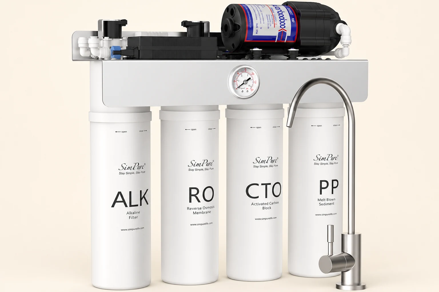 SimPure T1-400ALK tankless under-sink system with four filter cartridges, top-mounted pump and separate faucet.