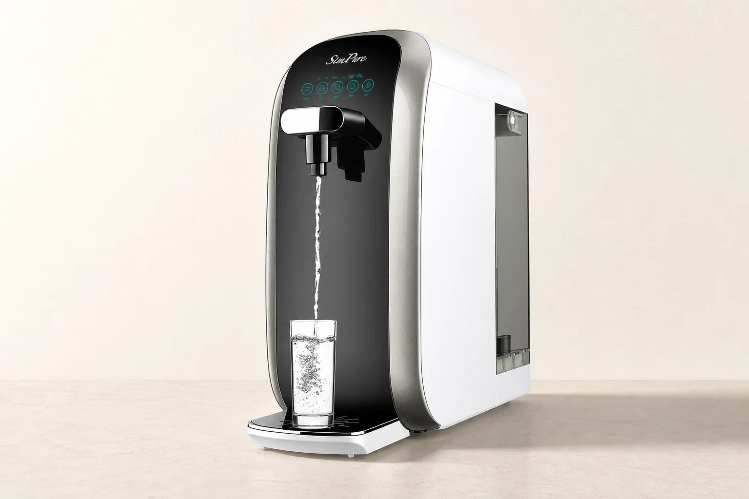 SimPure Y7P-BW countertop dispenser with rear feed-water tank and front dispensing tray.