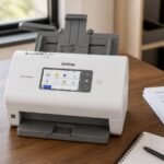 Brother ADS-4900W document scanner on a premium home-office desk