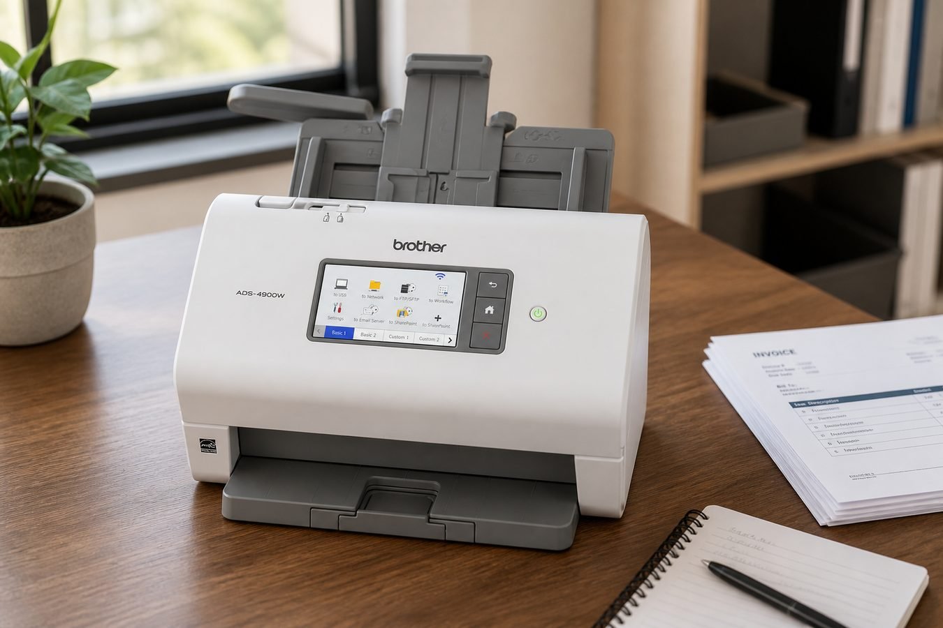 Brother ADS-4900W document scanner on a premium home-office desk