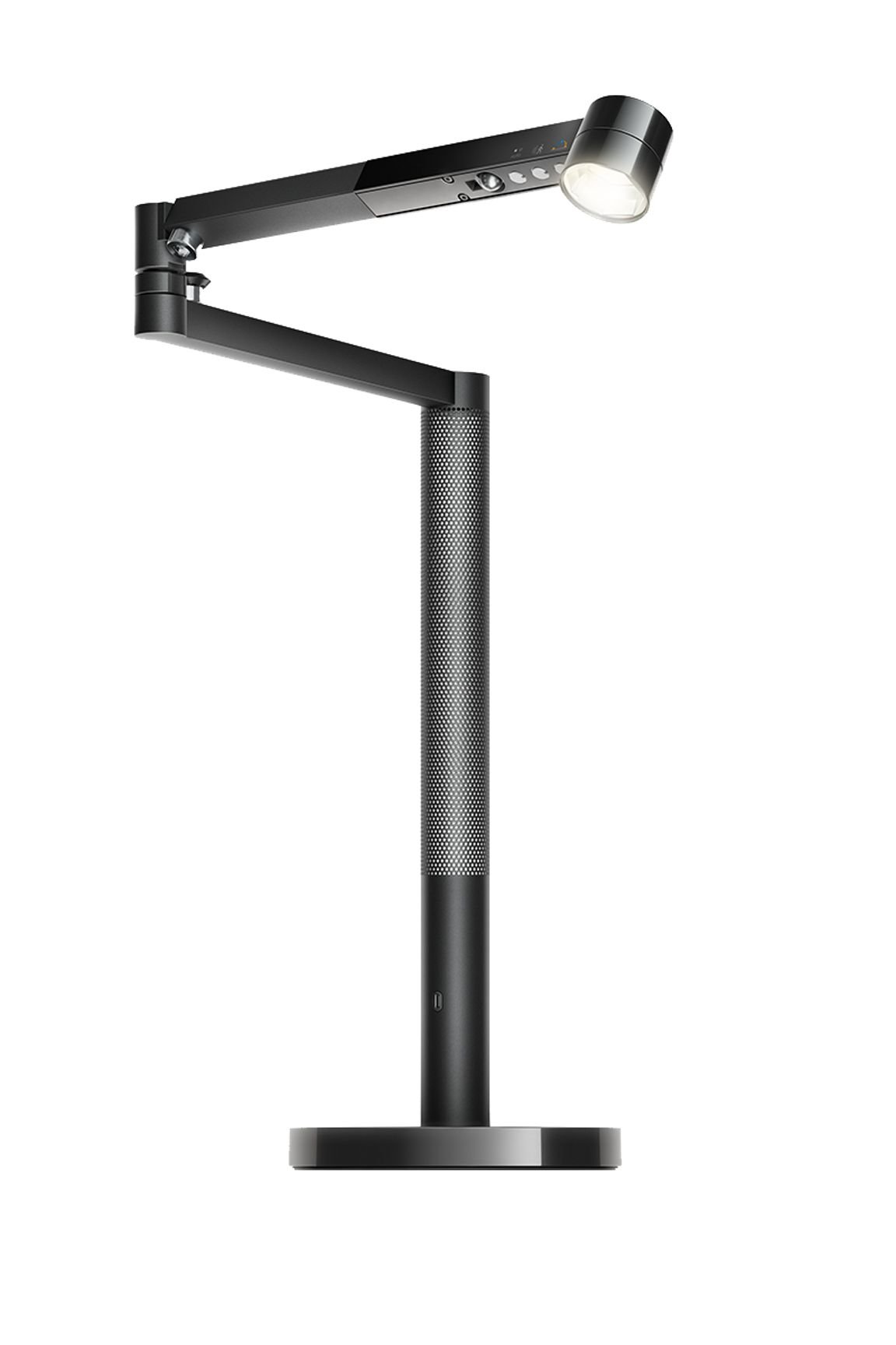 Black Dyson Solarcycle Morph CD06 desk lamp front view with perforated stem and circular base