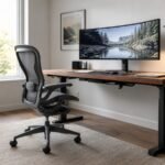 Complete home-office workstation with chair, desk, monitor, and task lighting