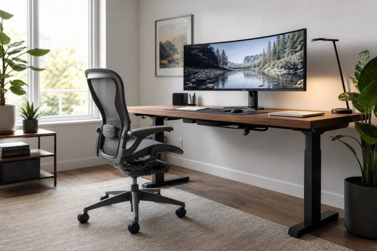 Complete home-office workstation with chair, desk, monitor, and task lighting