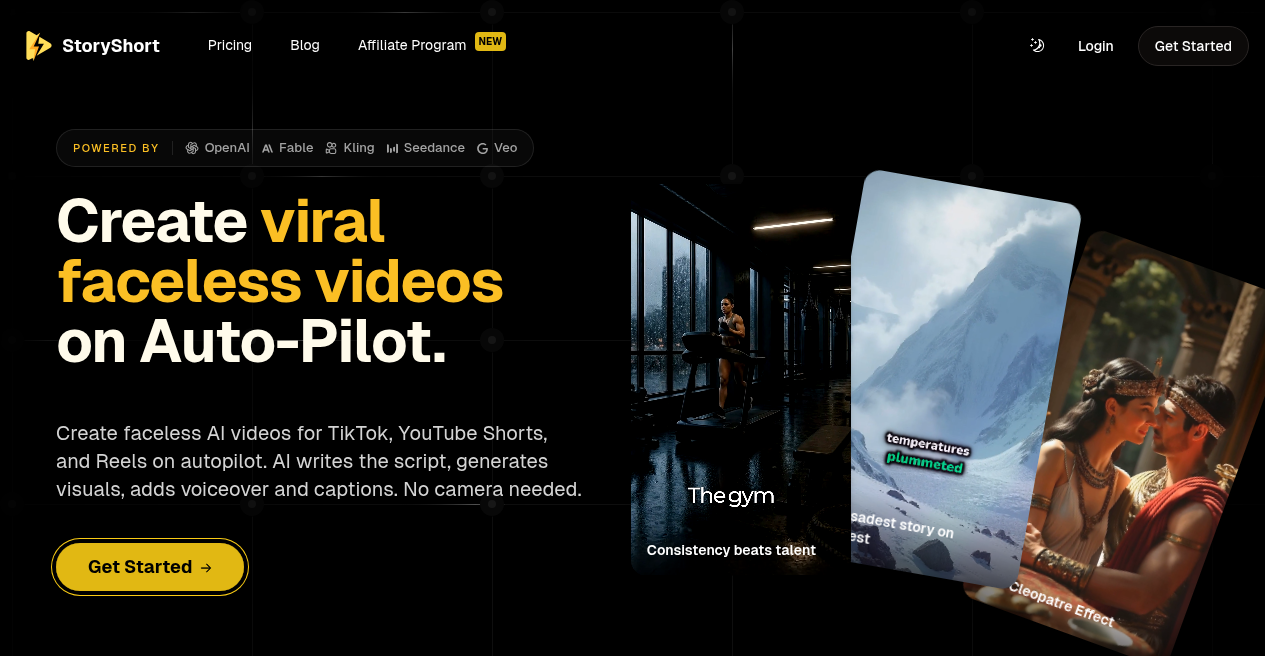 Official StoryShort AI homepage product interface