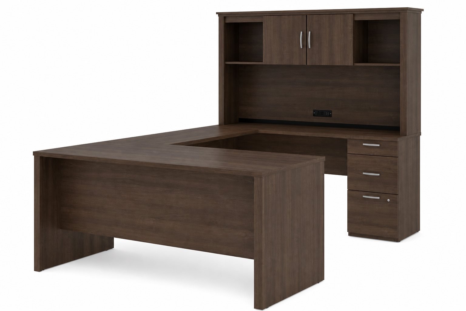 Bestar Logan 66W Antigua desk showing desktop, hutch, pedestal drawers, silver handles, and power bar