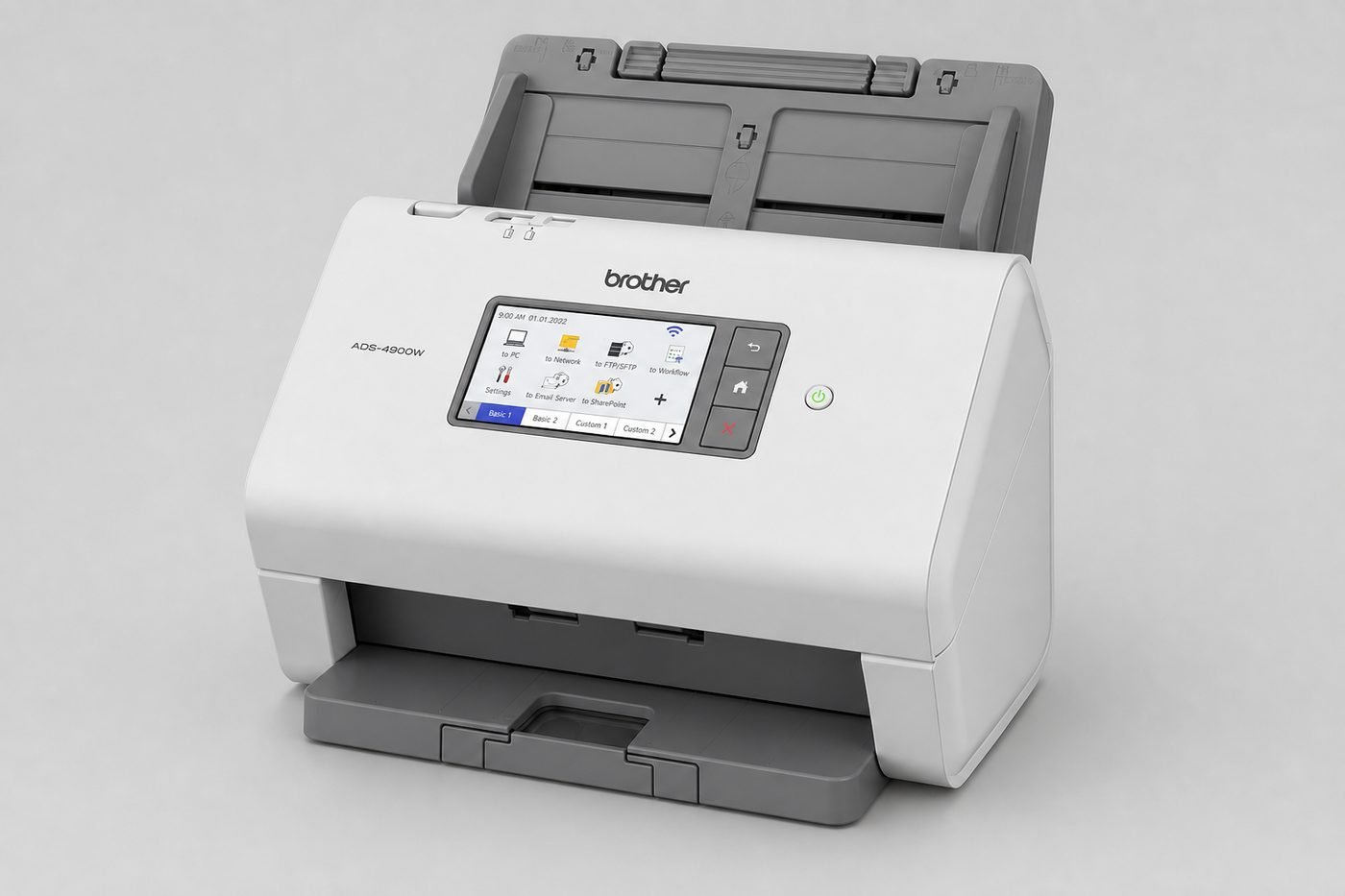 Brother ADS-4900W showing ADF input tray, output tray, 4.3-inch touchscreen, and front controls