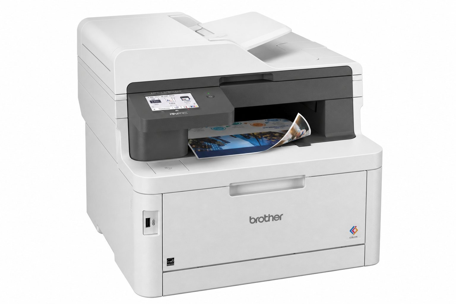 Brother MFC-L3780CDW showing ADF, 3.5-inch touchscreen, output slot, and 250-sheet paper tray