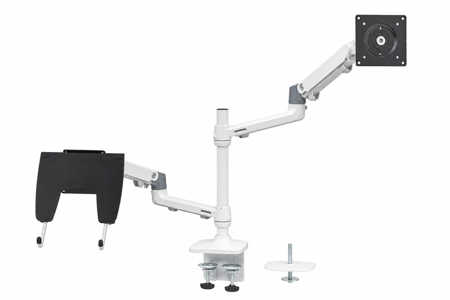 Ergotron LX Quad arm detail showing VESA plate, joints, cable clips, and heavy-duty desk clamp