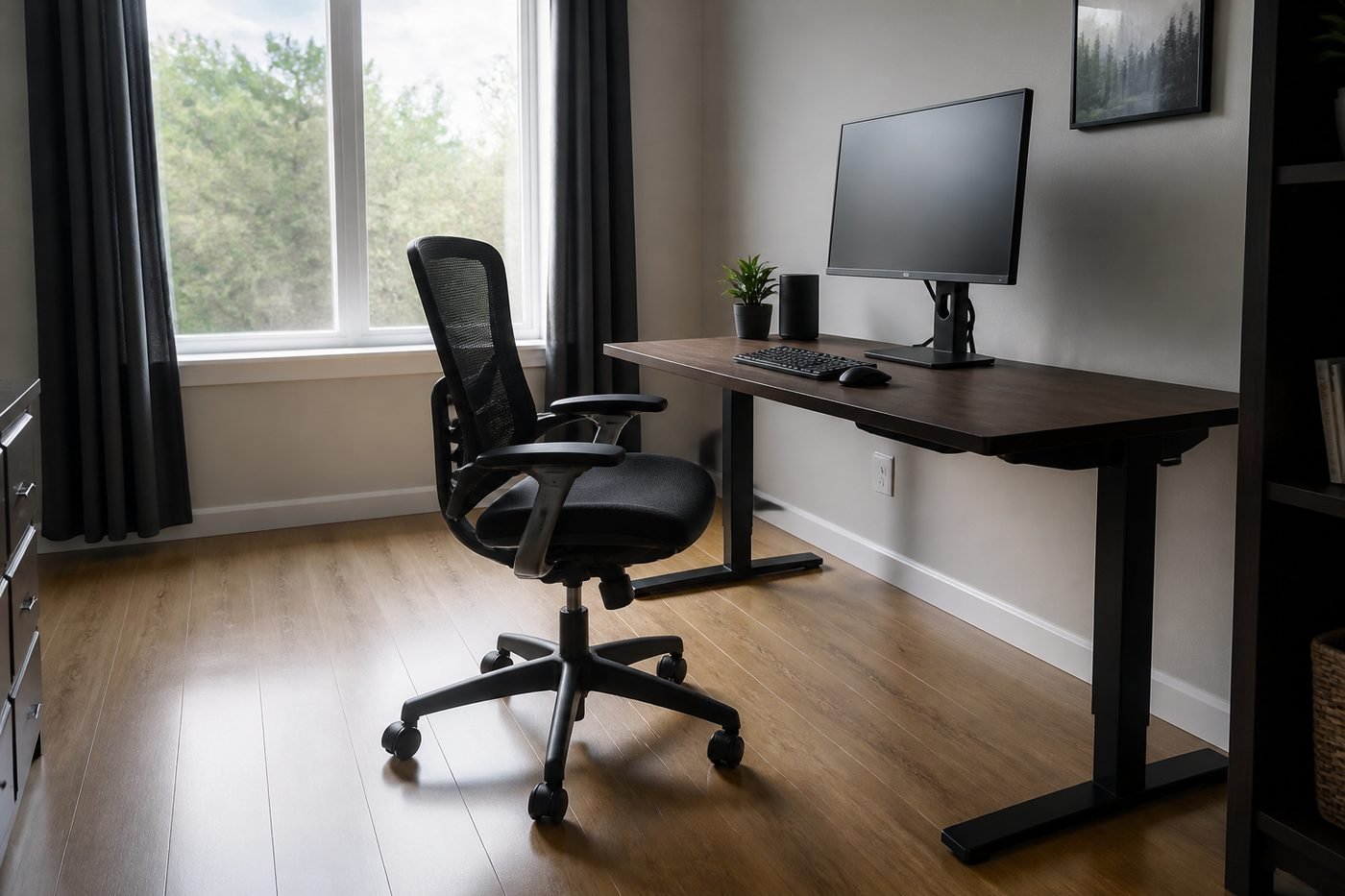 Home office chair, desk, and monitor layout showing realistic spacing