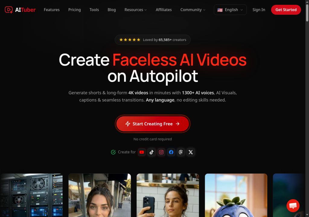 AI Tuber homepage showing its faceless AI video creation platform
