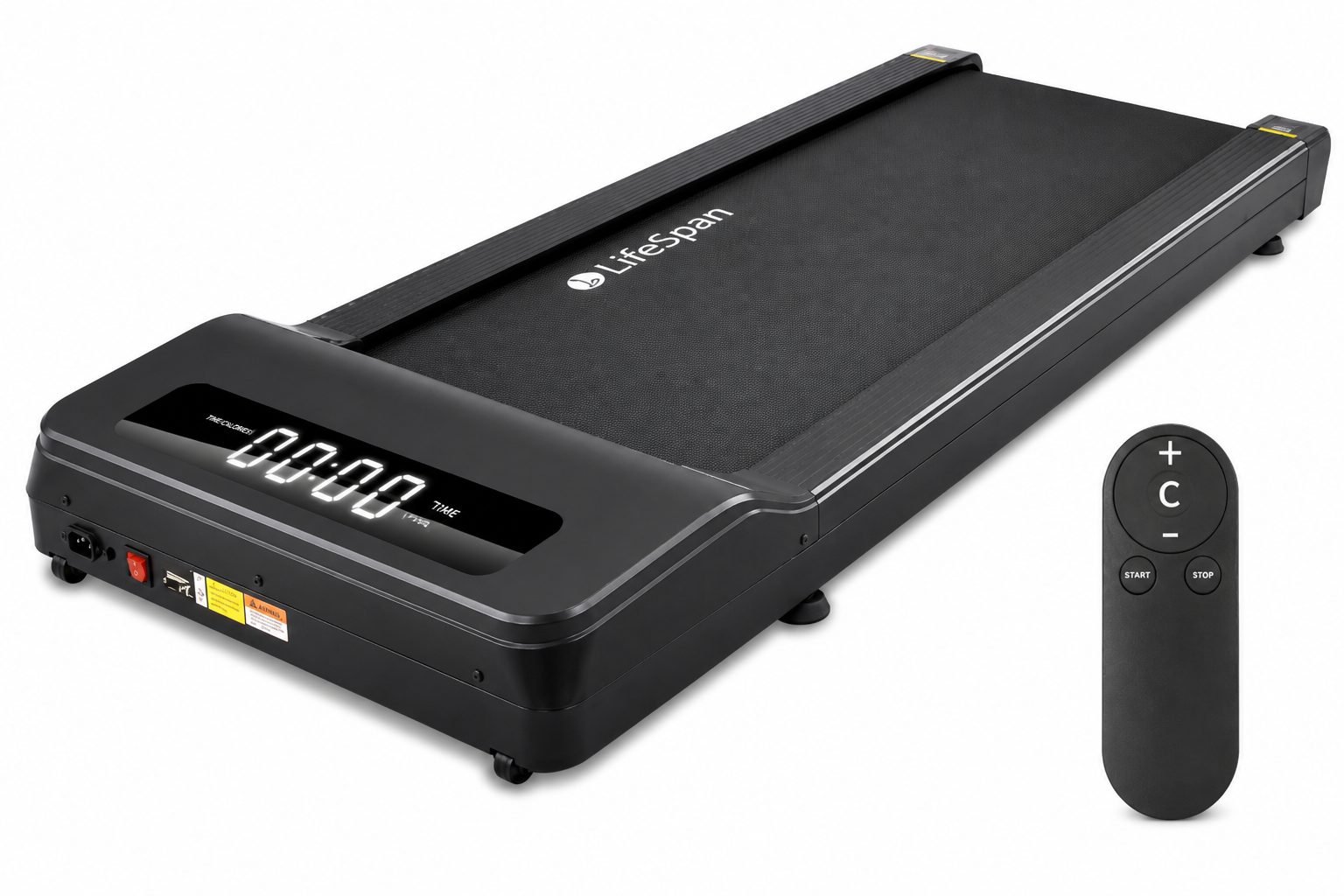 LifeSpan TX6 walking belt, LED display, transport wheels, power switch, and handheld remote