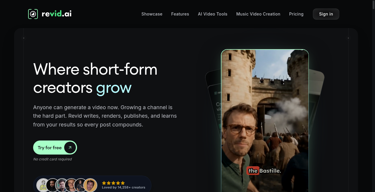 Revid AI homepage short-form product hero