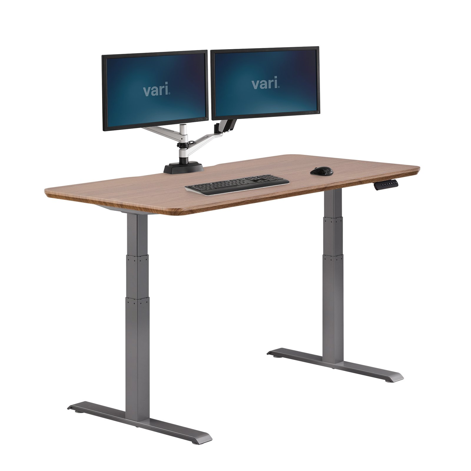Vari Electric Standing Desk 60x30 Walnut top, three-stage T-style slate legs, and right-side LED control panel