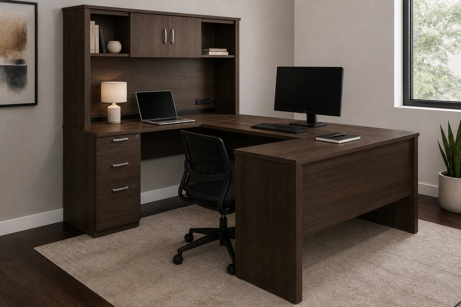 Bestar Logan 66W Antigua U-desk with a laptop and one monitor in a realistic workstation layout