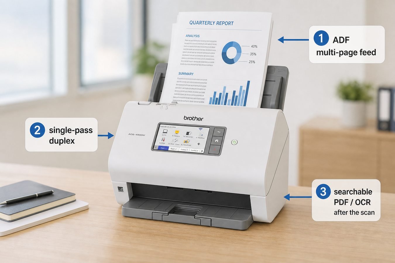 Brother ADS-4900W workflow showing ADF multi-page feeding, single-pass duplex, and searchable PDF