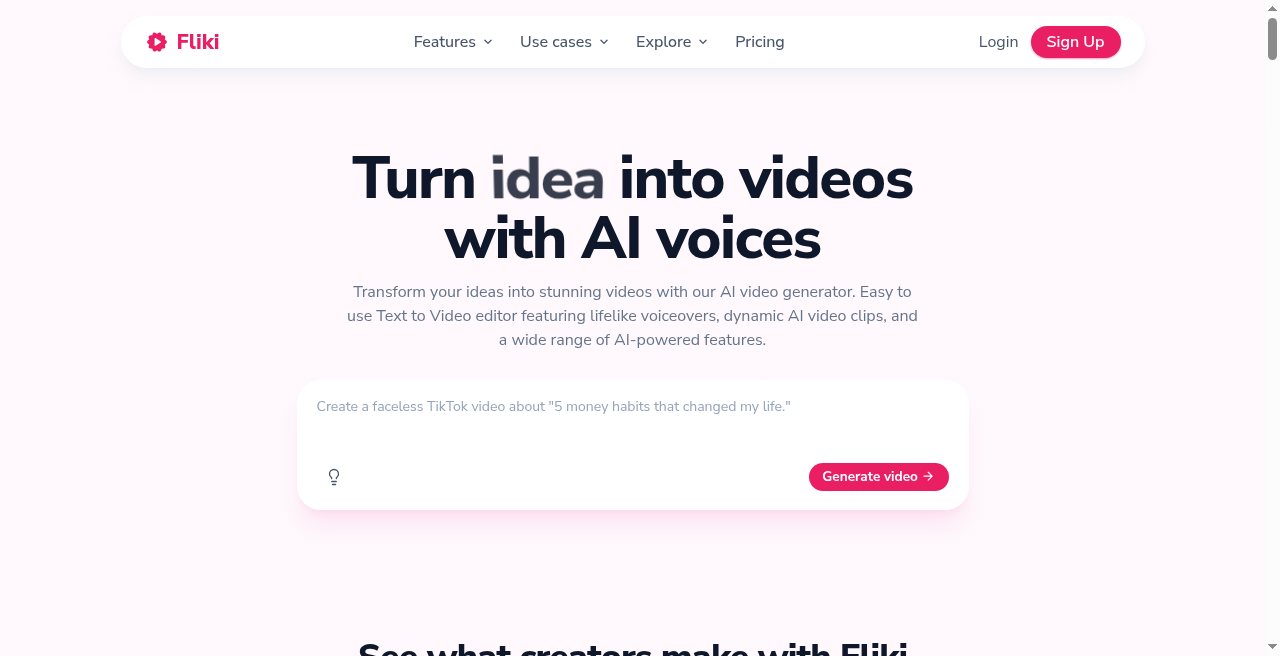 Fliki AI homepage text to video product