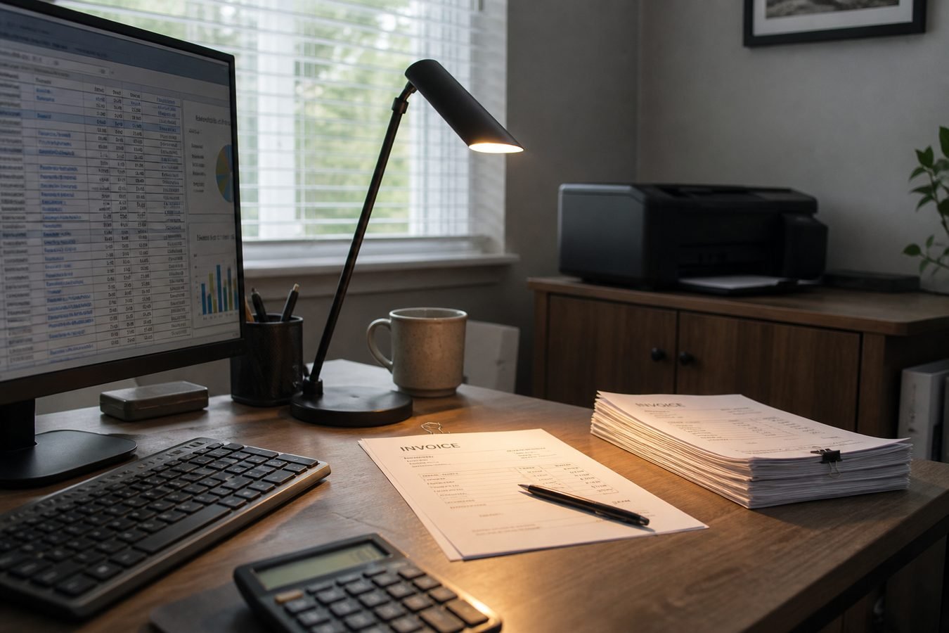 Home office monitor, task lamp, and document workflow on a desk