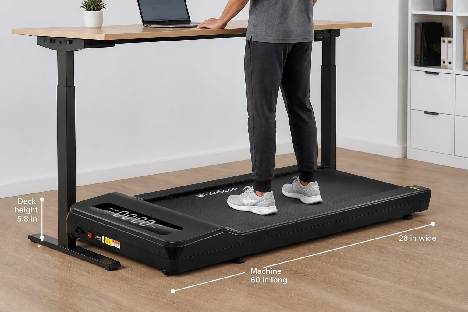 LifeSpan TX6 under a standing desk with documented 5.8-inch deck height and 60 by 28 inch footprint