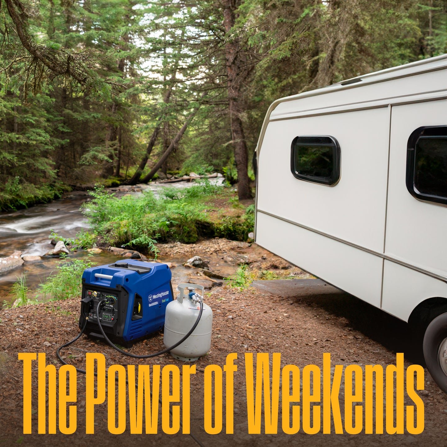 Westinghouse iGen5000DFc generator outdoors near an RV with a propane cylinder