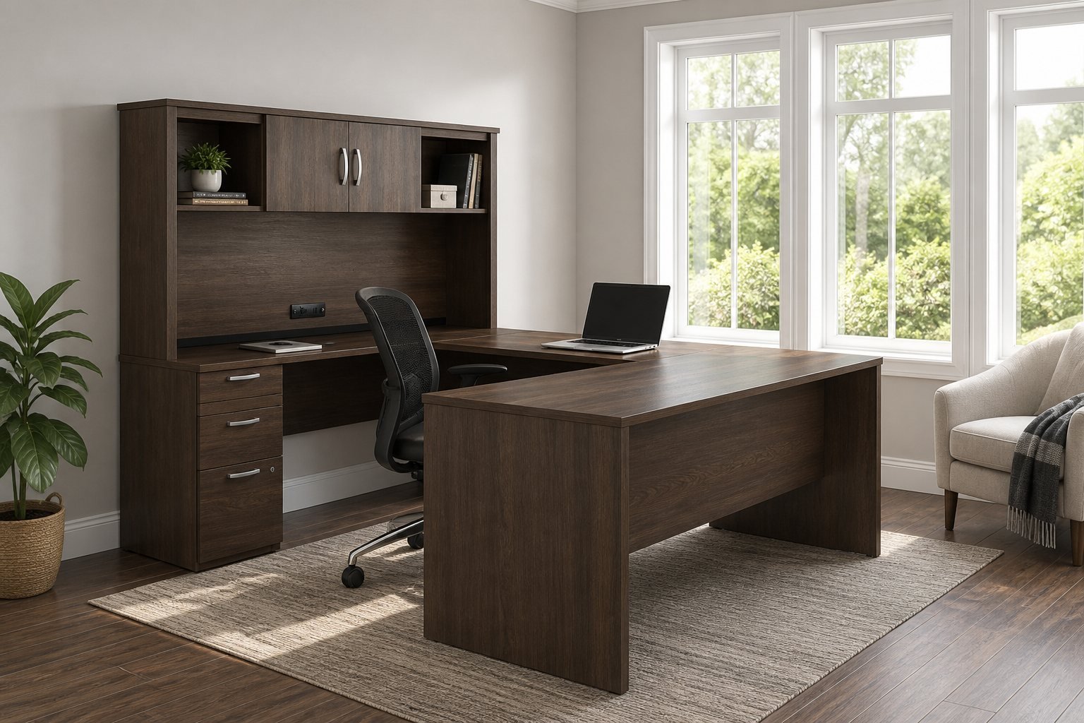 Bestar Logan 66W Antigua U-shaped desk with hutch in a realistic executive home office