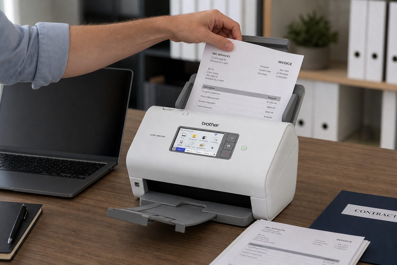 Brother ADS-4900W used in an invoice and contract scanning workflow on an office desk