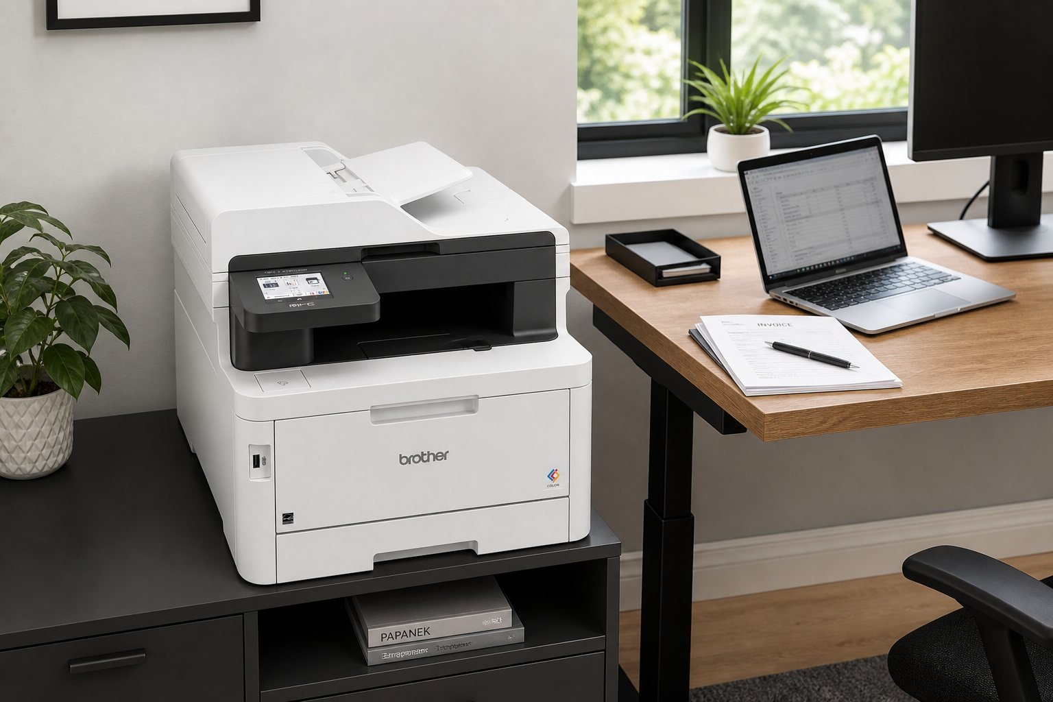Brother MFC-L3780CDW in a realistic small-office setup beside a standing desk and laptop
