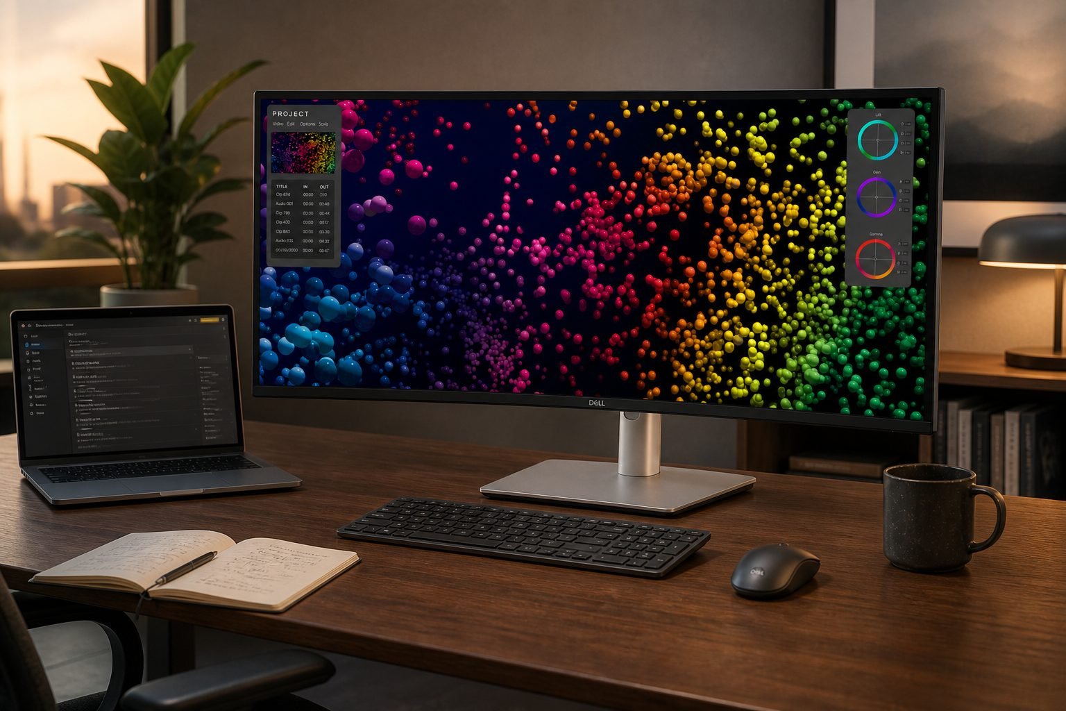 Dell UltraSharp U4025QW on a professional desk beside a laptop for hybrid multitasking
