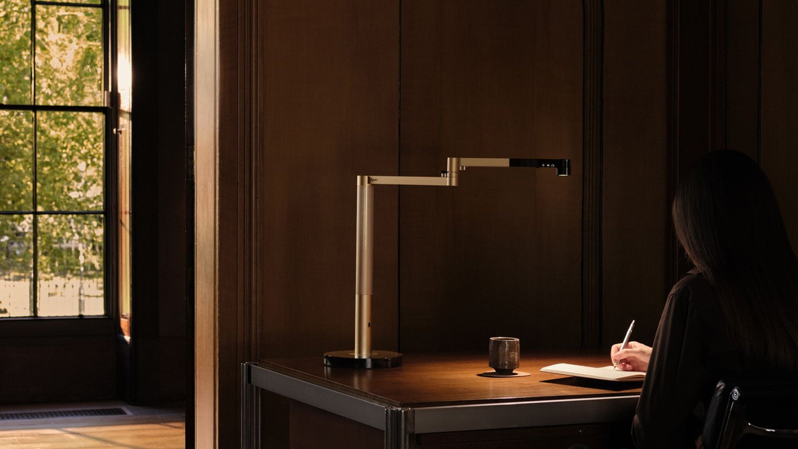 Dyson Solarcycle Morph CD06 lighting a monitor, keyboard, and document workspace