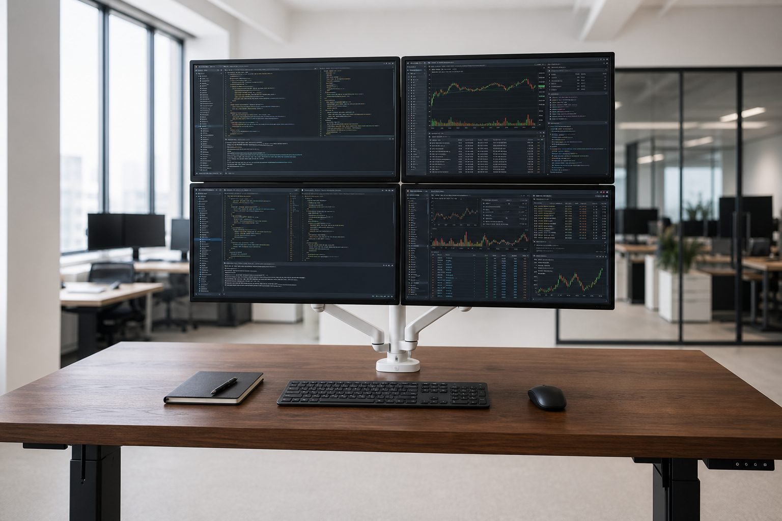 Ergotron LX Quad supporting a four-monitor professional workstation on a standing-height desk