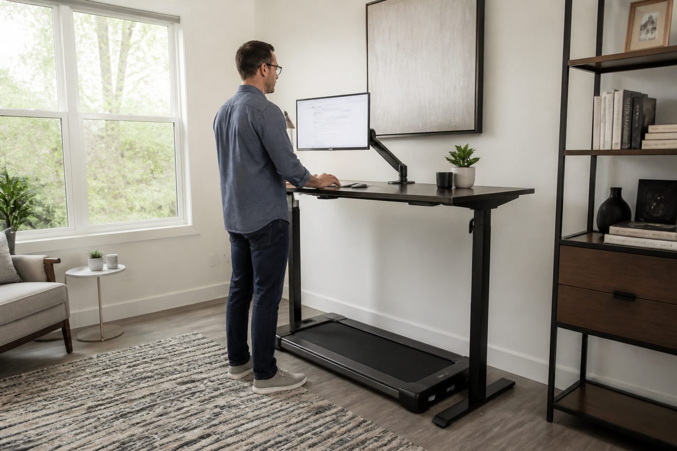 Standing desk home office with monitor arm and optional under-desk walking pad parked below