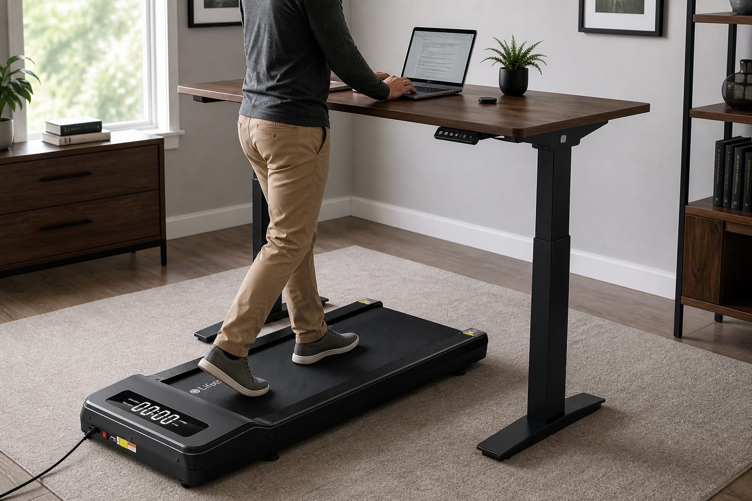 Person walking slowly on a LifeSpan TX6 under a standing desk during light laptop work