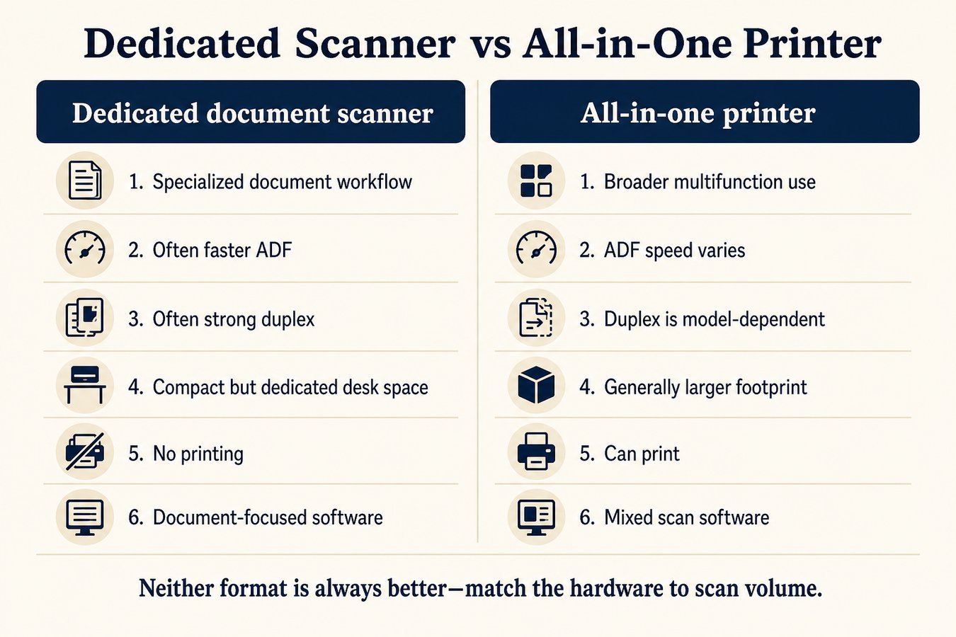 Comparison infographic of a dedicated document scanner versus an all-in-one printer scanner