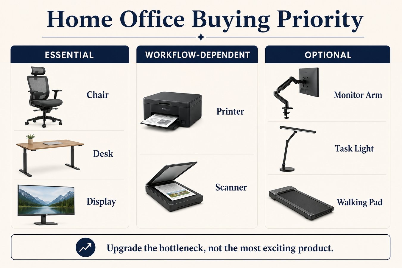 Home office buying priority infographic showing essential, workflow-dependent, and optional equipment