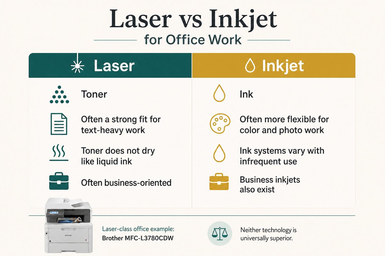 Infographic comparing laser and inkjet office printers for text work, color flexibility, consumables, and infrequent use