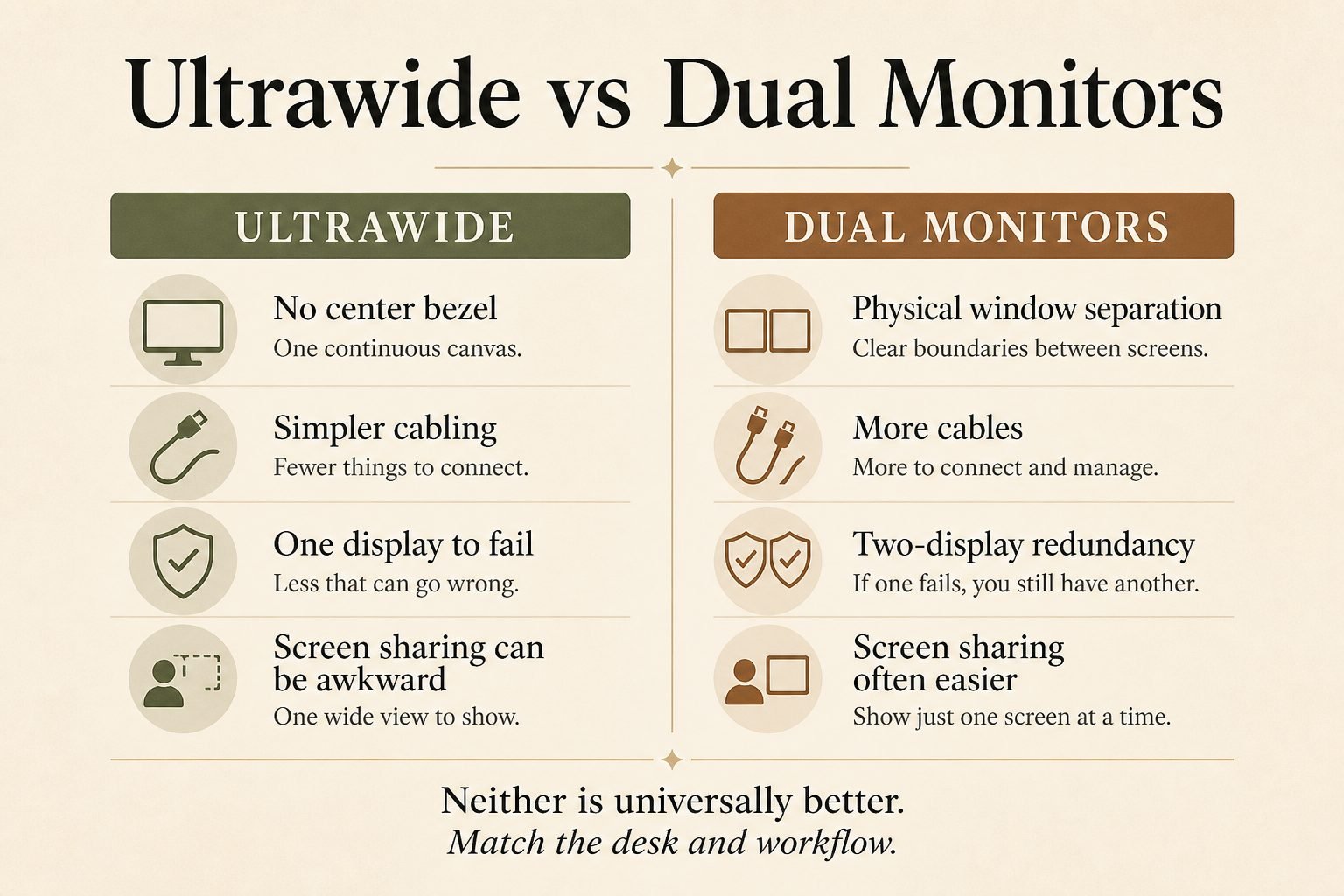 Infographic comparing ultrawide and dual-monitor setups for bezels, cabling, redundancy, and screen sharing