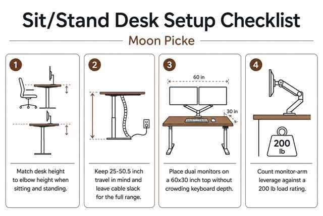 Sit/stand desk setup checklist for height, cable slack, 60x30 dual-monitor layout, and 200 lb load