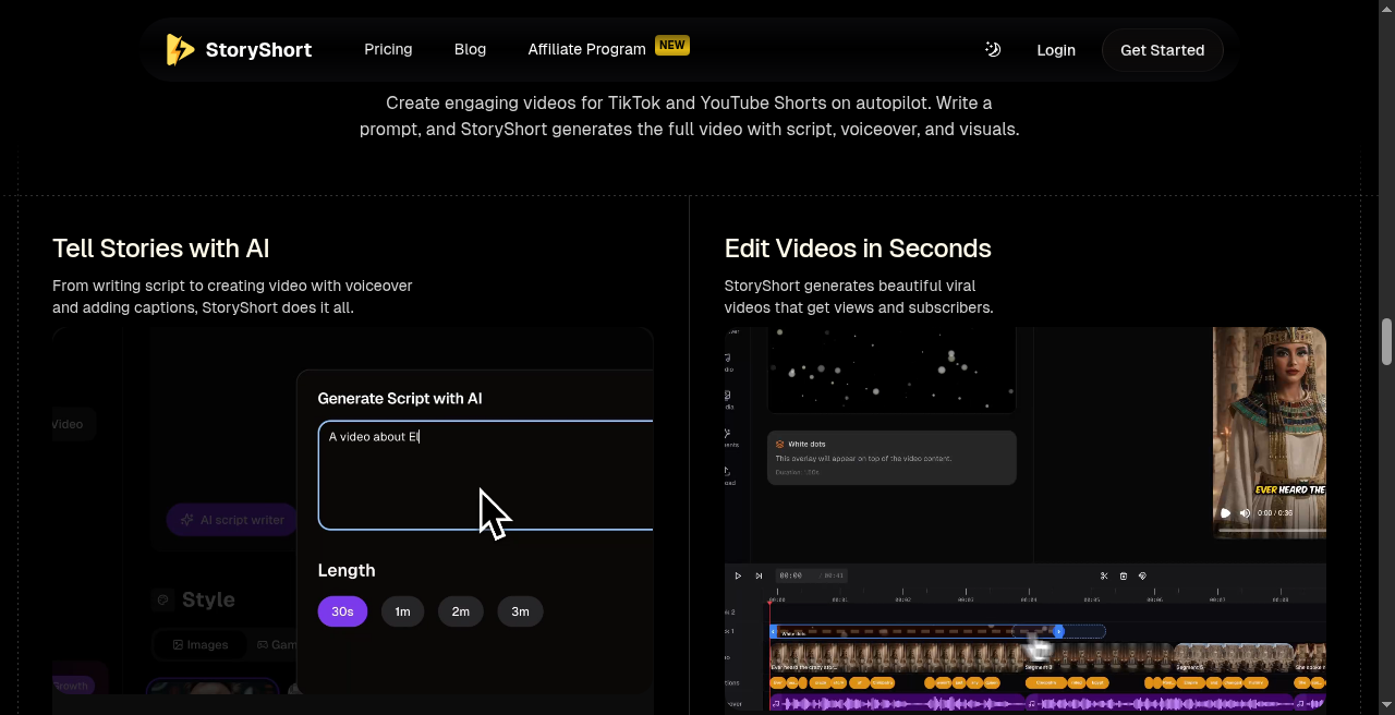 Official StoryShort AI script and video editor interface