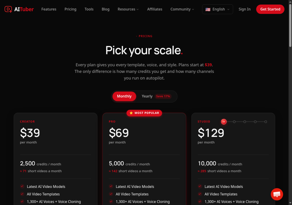 AI Tuber Creator, Pro, and Studio pricing plans