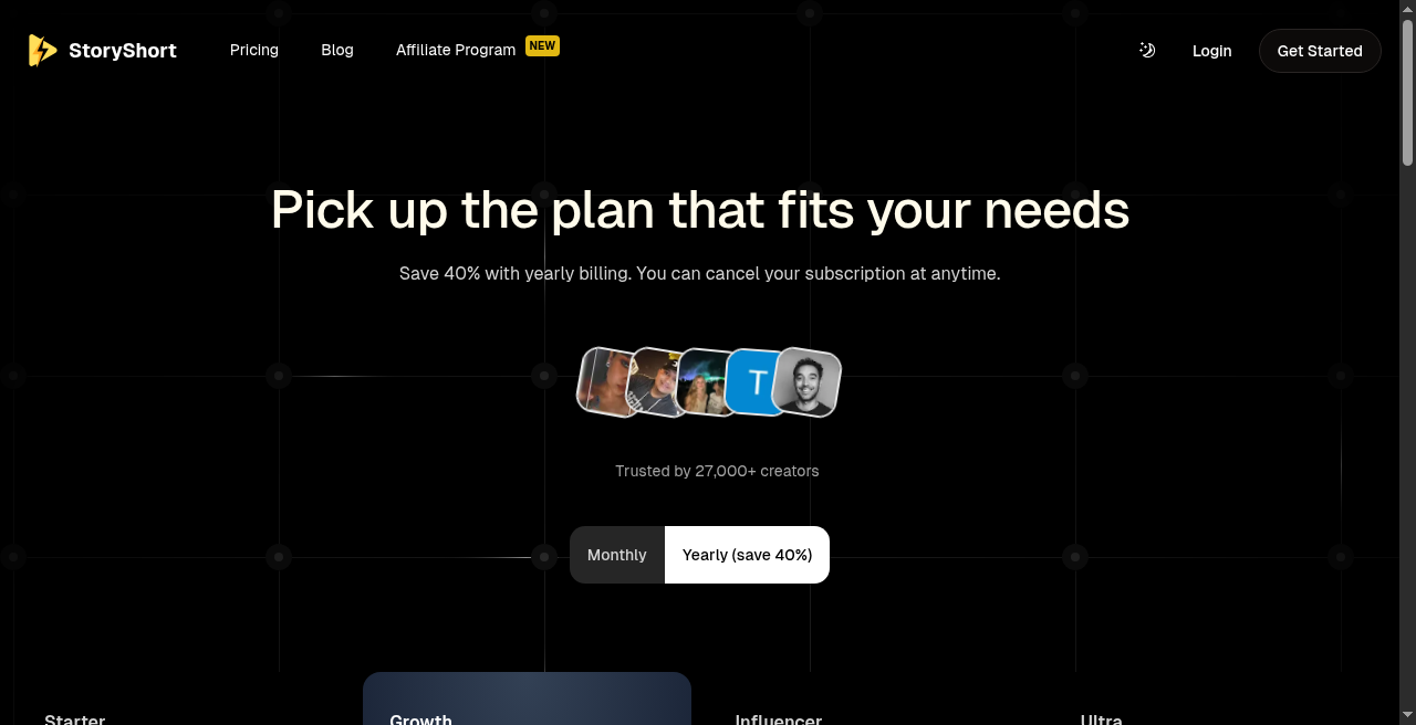 Official StoryShort AI pricing header and billing toggle