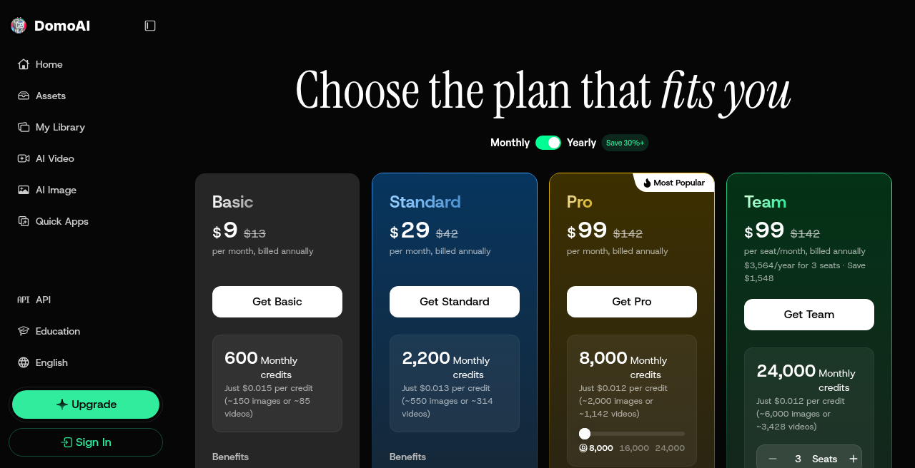 DomoAI pricing Basic Standard Pro Team yearly plans