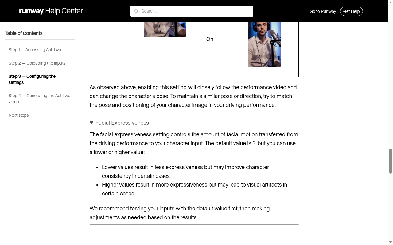 Runway Act-Two Facial Expressiveness control
