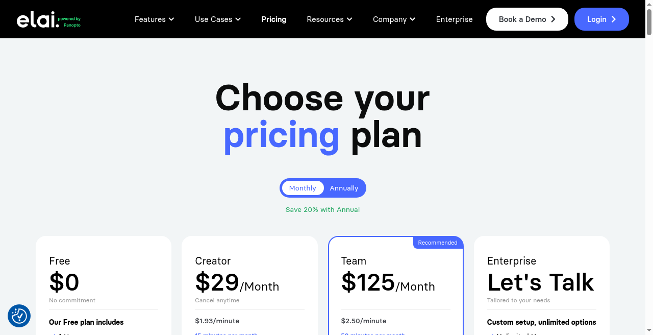 Elai.io pricing Free Creator Team