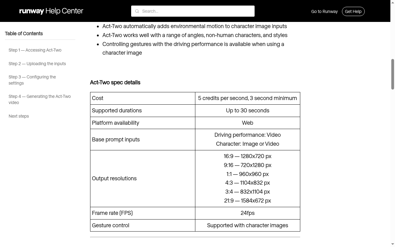 Runway Act-Two output aspect ratios and resolutions