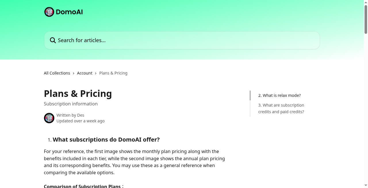 DomoAI Help Center Plans and Pricing article