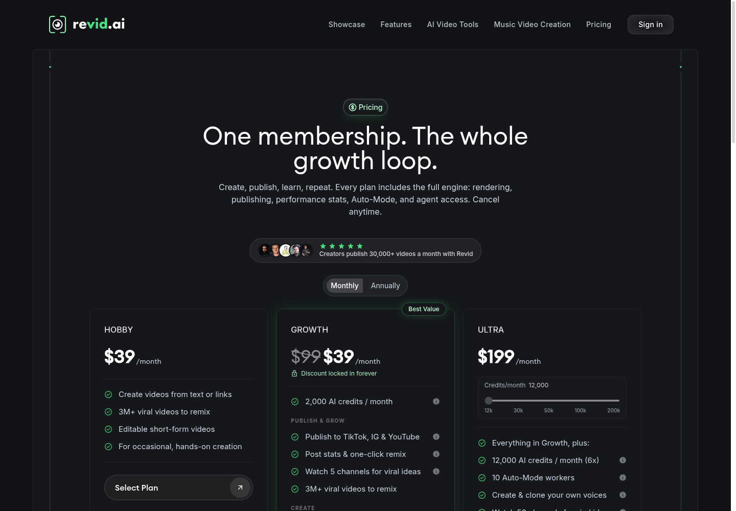 Revid AI live pricing Hobby Growth Ultra