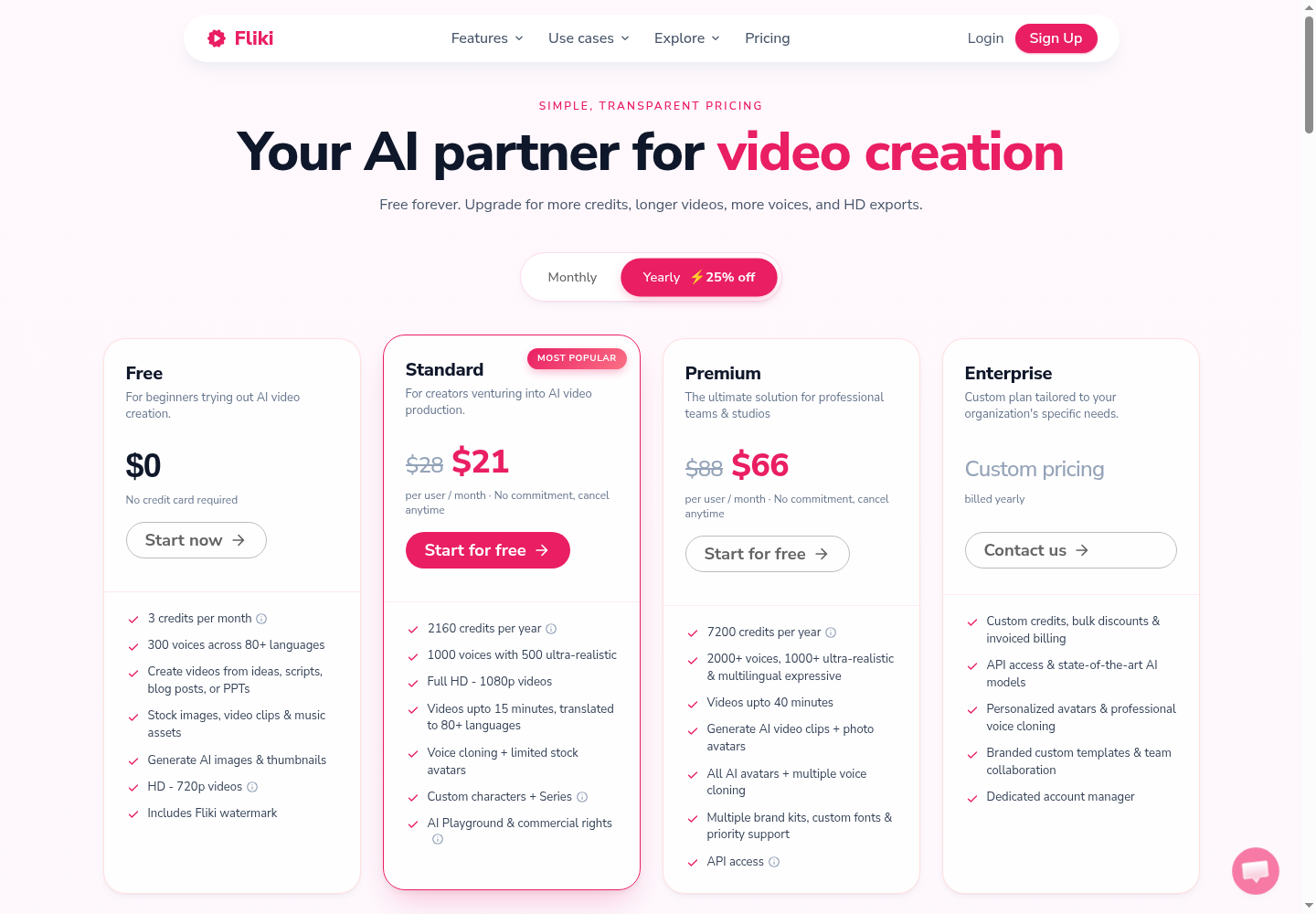 Fliki AI yearly pricing Free Standard Premium